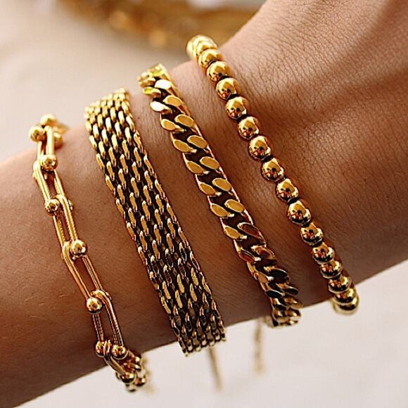 Gold Plated Bracelet Set, U Link, Mesh, Cuban, Beaded, Chain Link Bundle - Picture 4 of 5